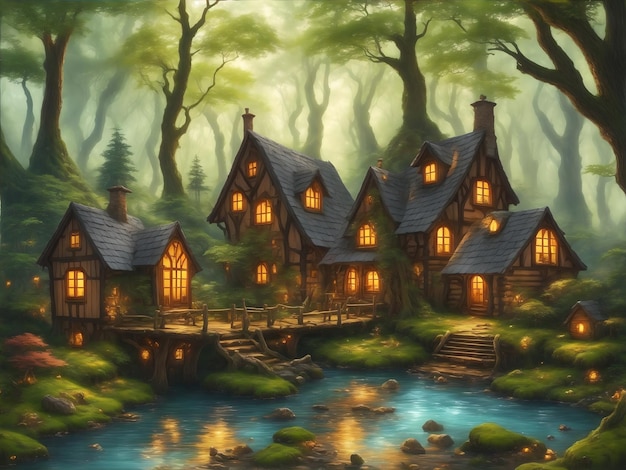 Illustration eines märchenhaften Holzhauses im Wald, erstellt mit generativer KI-Technologie