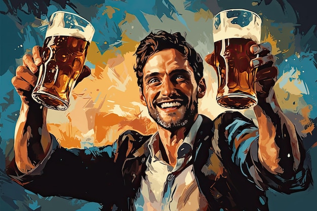 Illustration eines Mannes, der auf dem Oktoberfest lächelt und Bier trinkt