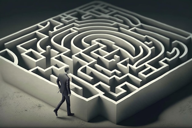Illustration eines Mannes, der ein von der KI generiertes Labyrinth-Rätselkonzept betritt