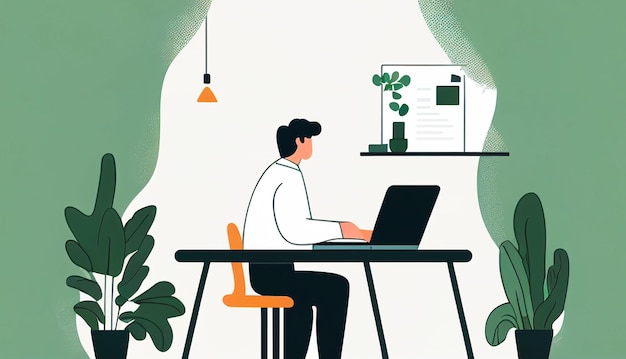 Illustration eines Mannes, der von zu Hause aus arbeitet. Geschäftsmann sitzt am Schreibtisch und benutzt Laptop. Konzept des Zeit- oder Projektmanagements.