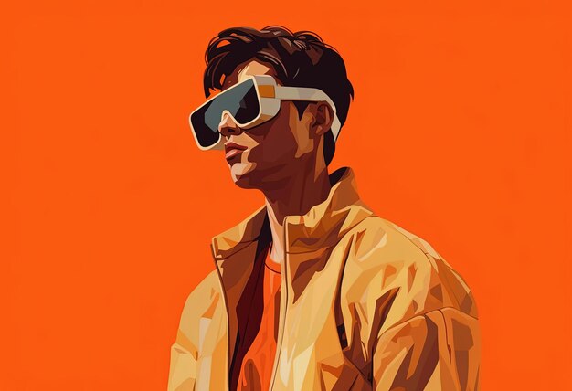 Illustration eines Mannes mit einer VR-Brille im Stil von Dunkelorange und Beige