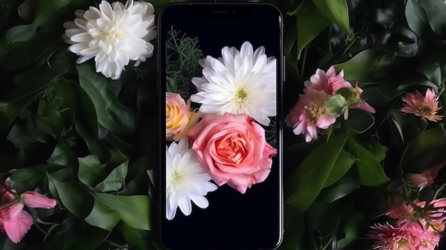 Illustration eines Mobiltelefons und Blumen auf schwarzem Hintergrund