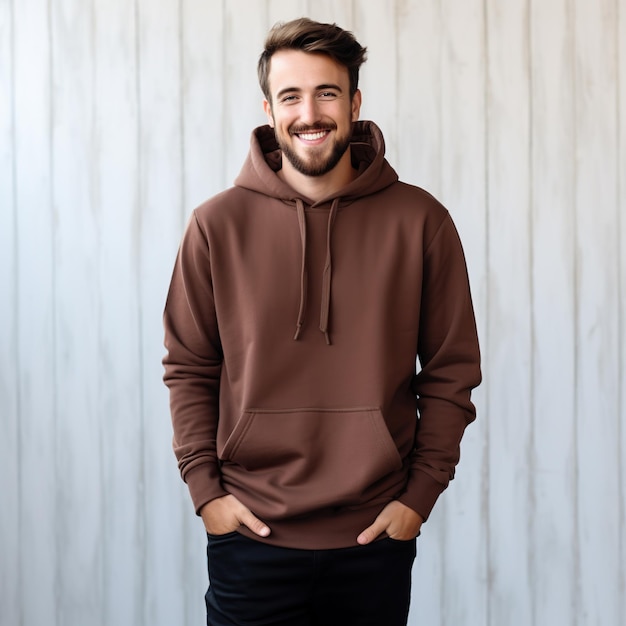 Foto illustration eines mode-portraits mit einem einfachen hoodie-mockup, das als generatives kunstwerk mit hilfe von ki erstellt wurde