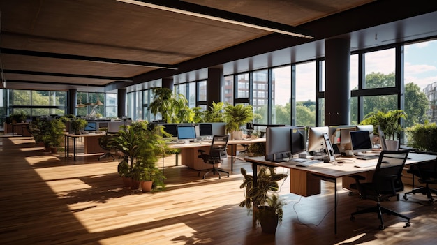 Illustration eines modernen Büroraums mit viel Tageslicht und geräumigen Arbeitsplätzen