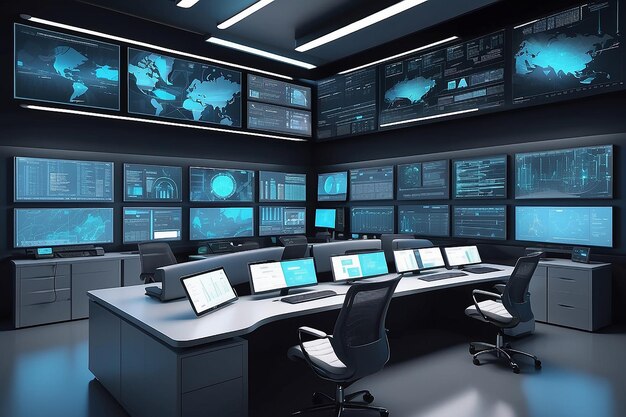 Illustration eines modernen Sicherheitssystems Kontrollraum mit mehreren Displays und Überwachungsraum