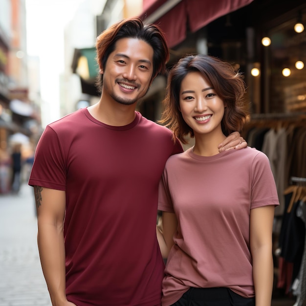 Illustration eines modischen Porträts eines Paares mit einem einfachen T-Shirt-Mockup, generiert von KI