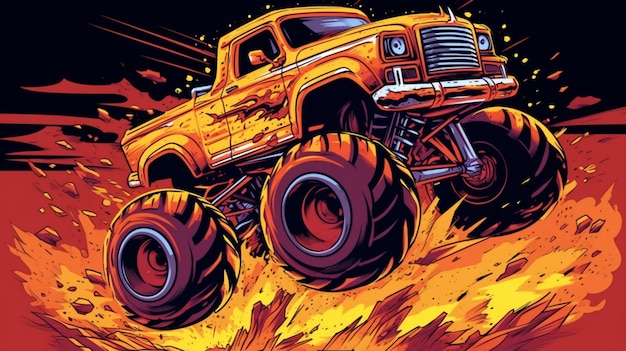 Illustration eines Monster-Trucks mit Flammen, die daraus austreten