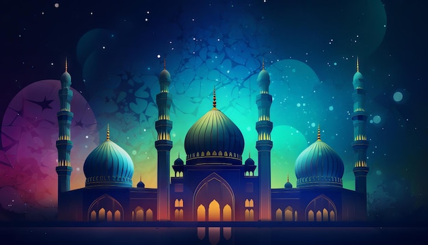 Illustration eines Moscheesterns und eines Eid Mubarak-Grußes, der die Feier des Glaubens während Ramadan und Eid Generative ai darstellt