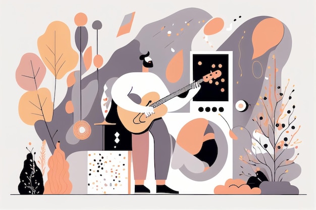 Foto illustration eines musikers, der gitarre spielt und auf der bühne singt, erstellt mit generative ai-technologie