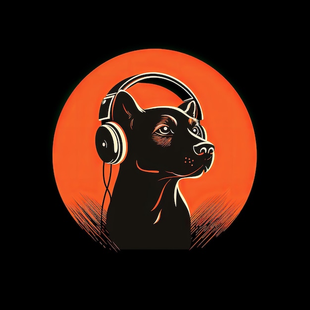 Illustration eines Musiklogos, ein Hund, der Musik hört, minimal