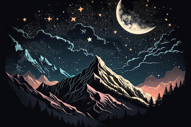 Illustration eines Nachthimmels mit Sternen, Mond und Konstellationen.