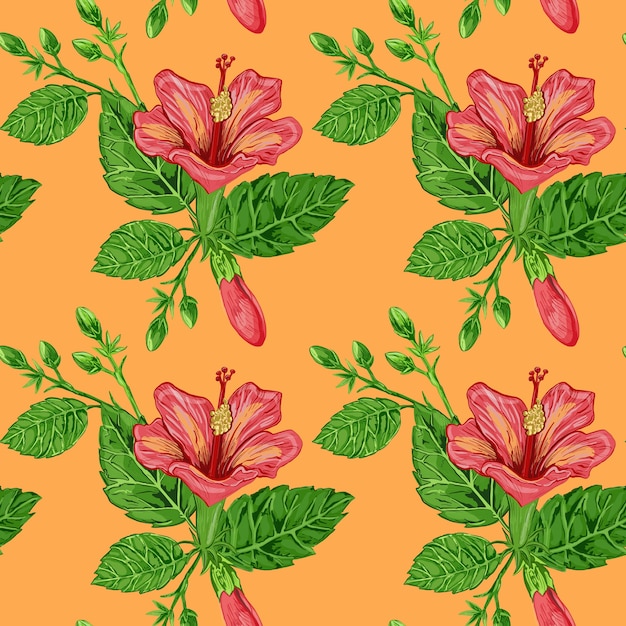 Illustration eines nahtlosen Musters von Hibiskuspflanzen, Blumen und Blättern einer Pflanze auf einem Hintergrund