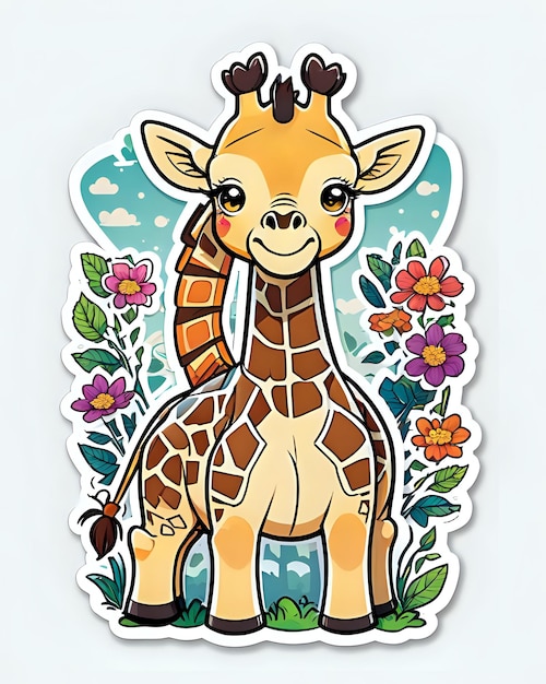 Foto illustration eines niedlichen giraffen-aufklebers mit lebendigen farben und einem spielerischen gesichtsausdruck