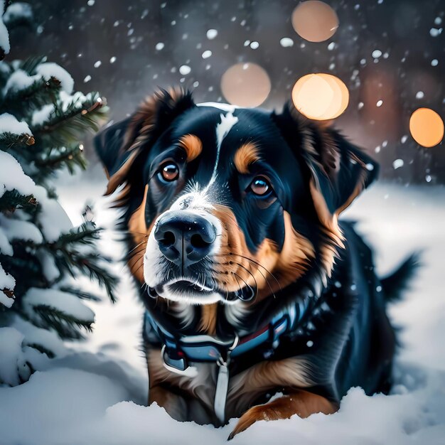 Foto illustration eines niedlichen hundes, der im schnee spielt, generiert von ki