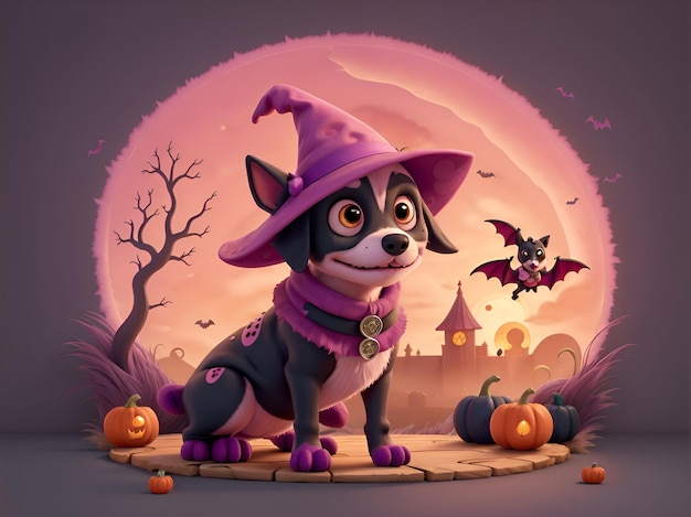 Illustration eines niedlichen Hundes in einem schwarzen Hut für Halloween, die von KI generiert wurde