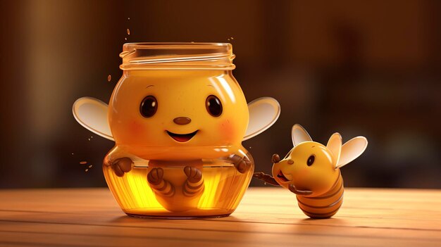 Illustration eines niedlichen, lächelnden Honigkrugcharakters mit einer Biene in einer warmen, sonnigen Umgebung