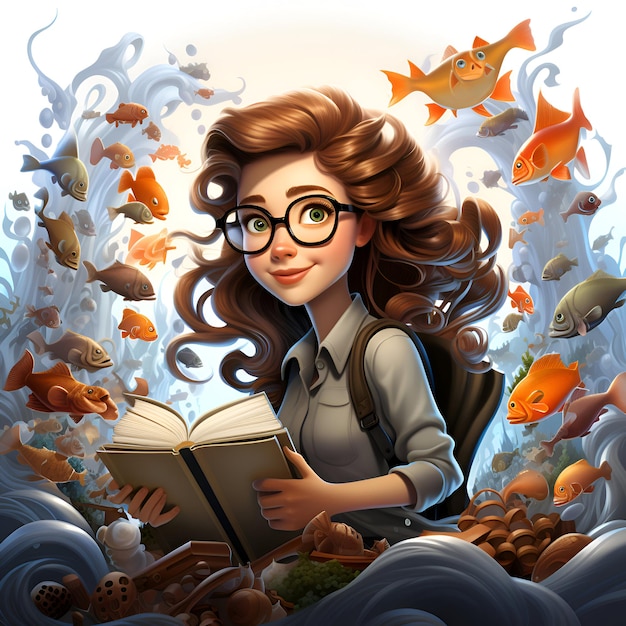 Illustration eines niedlichen Mädchens, das ein Buch in der Unterwasserwelt liest.