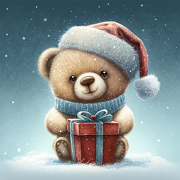 Illustration eines niedlichen Teddybären, der eine Weihnachtsmütze mit Weihnachtsgeschenk trägt, isoliert auf Blau und Weiß