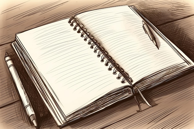 Illustration eines offenen Notizbuchs mit einem Stift darauf, bereit zum Schreiben von Generative AI