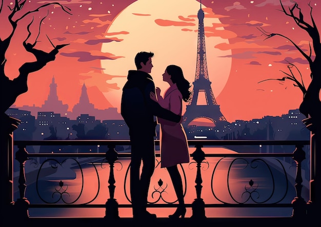 Foto illustration eines paares, das den valentinstag in paris verbringt, mit dem eiffelturm im hintergrund