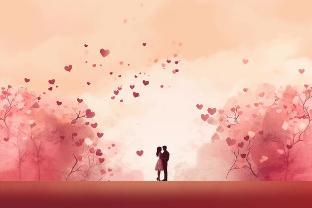 Illustration eines Paares, dessen Silhouette vor einem herzhaften, traumhaften rosa Hintergrund dargestellt ist