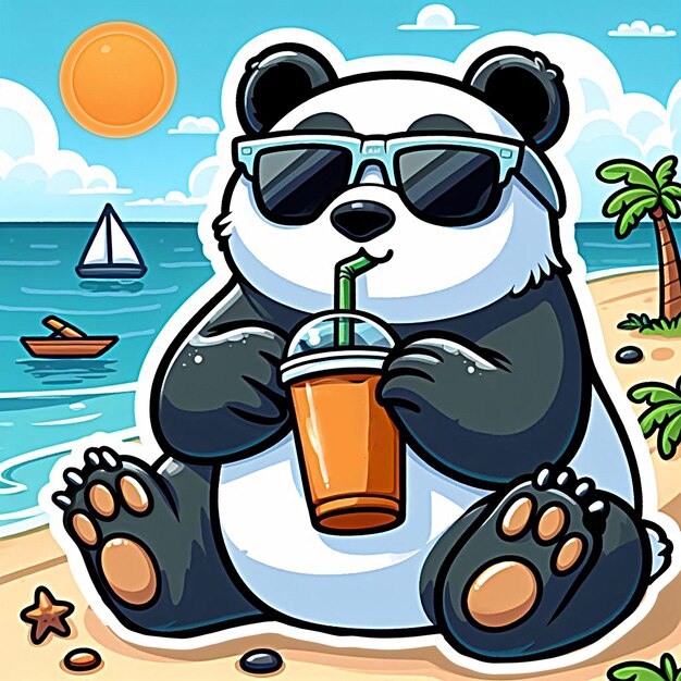 Illustration eines Pandas am Strand, der einen Drink trinkt