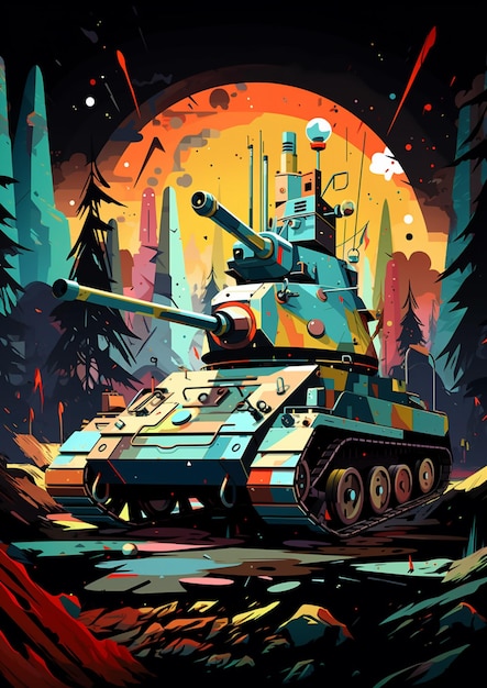 Illustration eines Panzers in einem Wald mit einer Stadt im Hintergrund generative KI