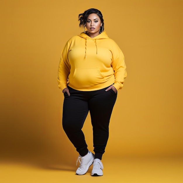 Illustration eines Plus-Size-Models in Sportkleidung, Ganzkörpergelb