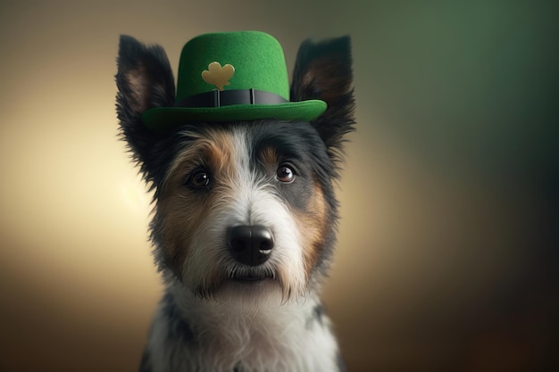 Illustration eines Porträts eines niedlichen Hundes in einem grünen Hut mit verschwommenem Hintergrund St. Patrick's Day Concept AI-Generation