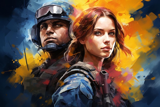 Illustration eines Porträts von Mann und Frau ukrainischer Soldaten auf gelbem und blauem Hintergrund
