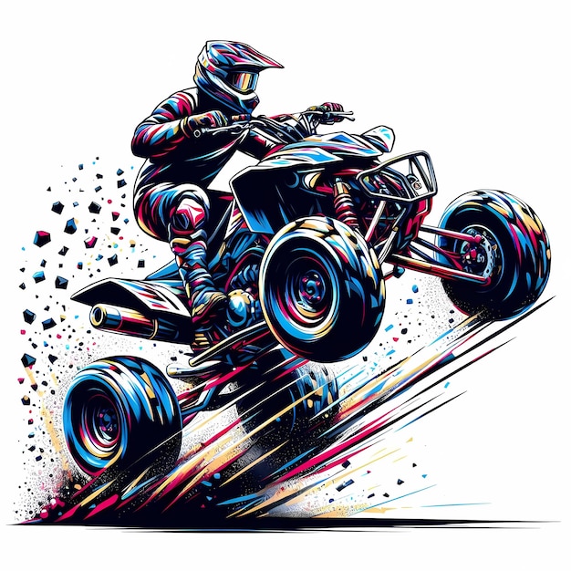Illustration eines Quad-ATV-Extremsport-Rennfahrens in einer dynamischen Hochgeschwindigkeitsrennposition