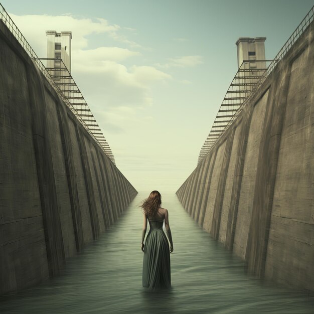 Illustration eines riesigen Staudamms und einer Brücke, Foto einer riesigen schwimmenden Frau