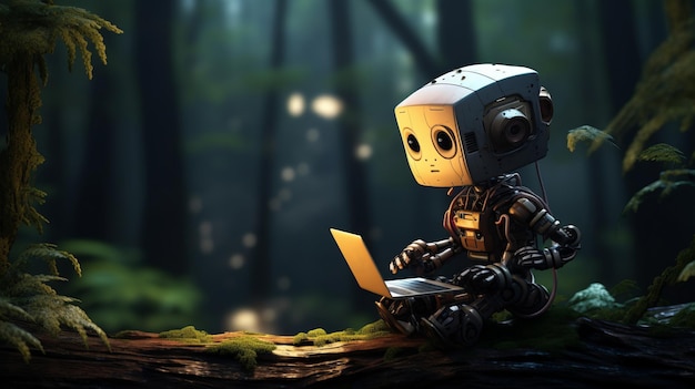 Illustration eines Robots, der mit einem Laptop mitten im Wald sitzt