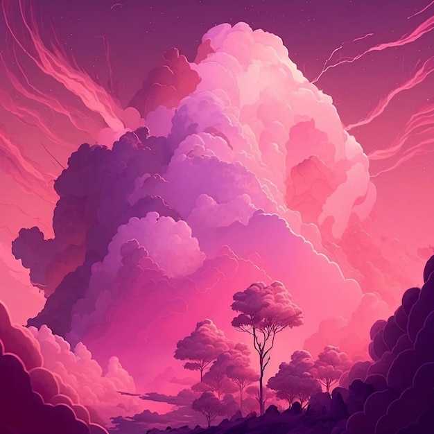 Illustration eines rosa Himmels mit verträumten rosa Wolken. Generative KI