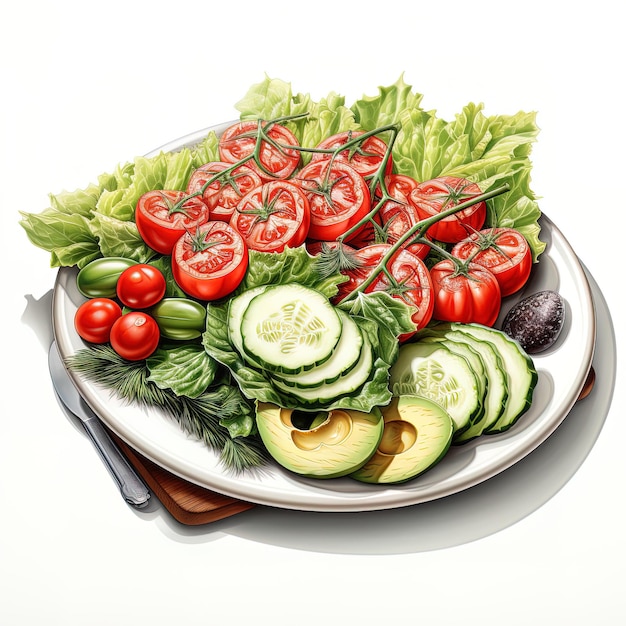Foto illustration eines salats mit salat, tomaten, oliven, gurken, kirschen und avocado auf weißem hintergrund