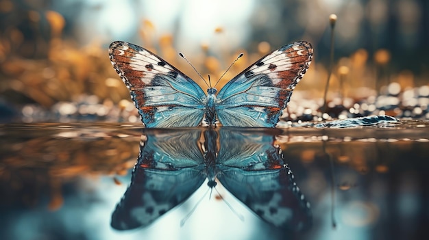 Illustration eines Schmetterlings, der in Flusswasser gespritzt wird, schöner Schmetterling