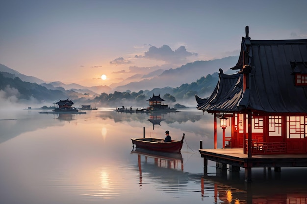 Illustration eines Sees mit chinesischen Häusern darauf und einem Kanu