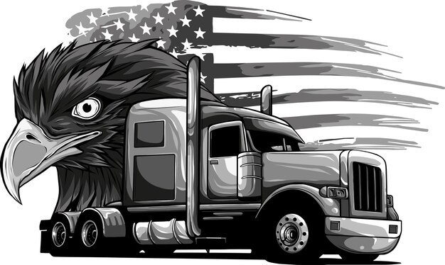 Foto illustration eines semi-lkw mit amerikanischer flagge und adlerkopf