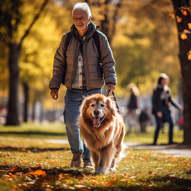 Illustration eines Seniors, der seinen Hund mitnimmt, um im hellen Tag im Park spazieren zu gehen