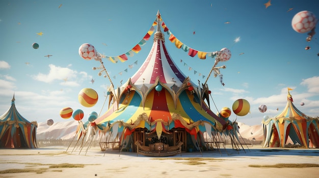 Illustration eines skurrilen Zirkuszeltes mit farbenfrohen Dekorationen