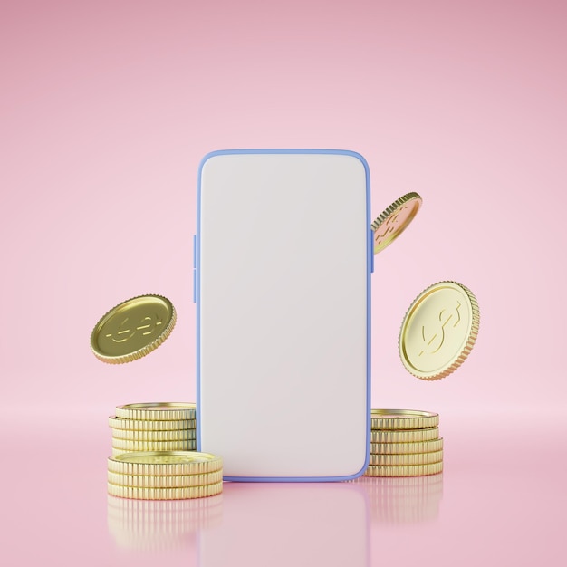 Illustration eines Smartphones mit Münzen auf rosa Hintergrund.