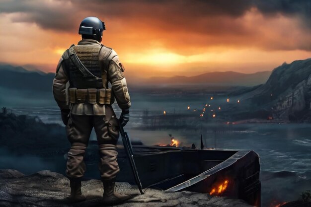 Illustration eines Soldaten, der auf einer leeren, zerstörten Umgebung geht, Rauch und Nebel
