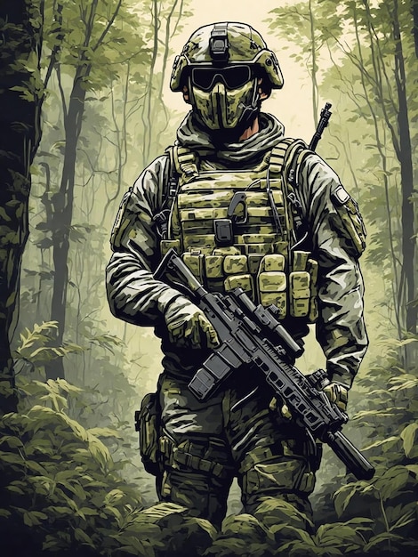 Illustration eines Soldaten in einem Wald