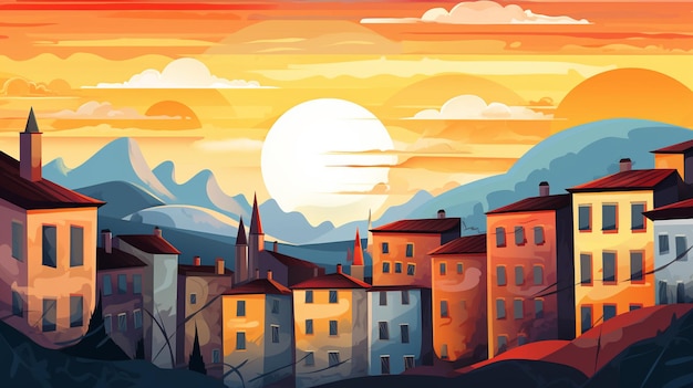 Illustration eines Sonnenuntergangs über einer Stadt mit einem Berg im Hintergrund generativ ai