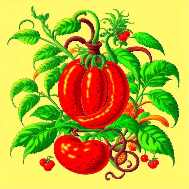 Illustration eines stilisierten Bildes einer Tomate in einem Blumenornament, generiert von KI