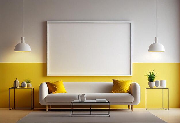 Illustration eines stilvollen modernen gelb-weißen Wohnzimmers mit gemütlichem Sofa und leeren Rahmen an der Wand