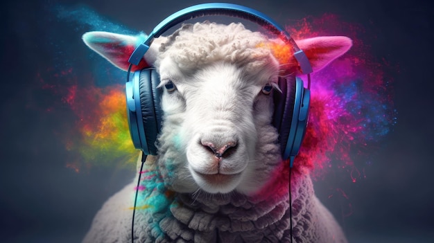 Illustration eines stilvollen Schafes mit Kopfhörern, generiert von Ai
