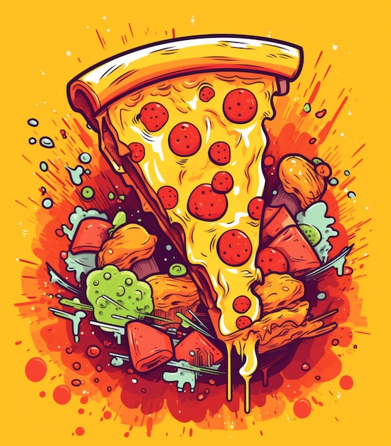 Illustration eines Stücks Pizza mit Gemüse und Käse, generative KI