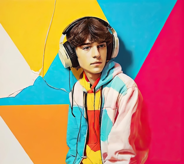 Illustration eines Teenagers, der Musik mit Kopfhörern genießt Retro-Art-Stil Nostalgie-Stimmung