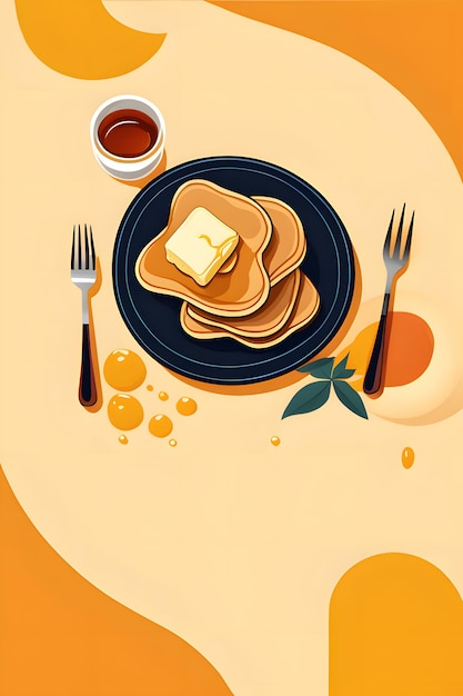 Illustration eines Tellers Pfannkuchen mit Butter und Honig auf orangefarbenem Hintergrund
